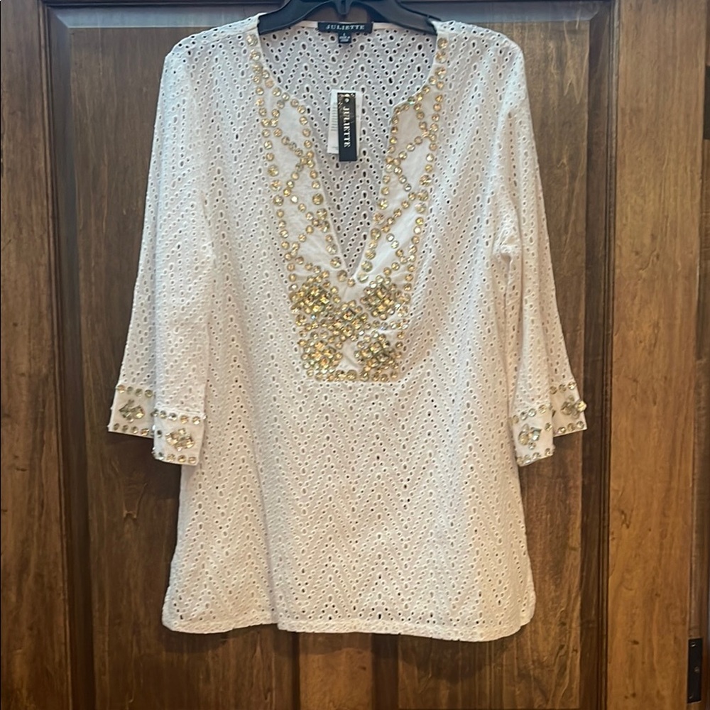 White Eyelet Tunic with Gold Embellishments SZ L